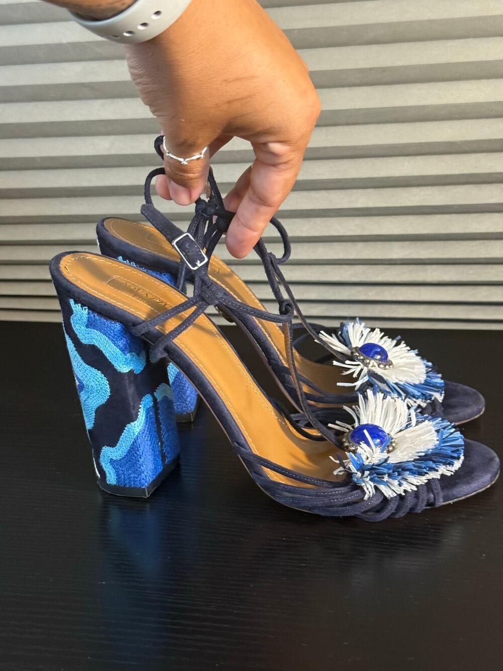 Aquazzura Firenze Wild Thing Raffia Tassel Block Heel Sandals Blue EU 39 Italy